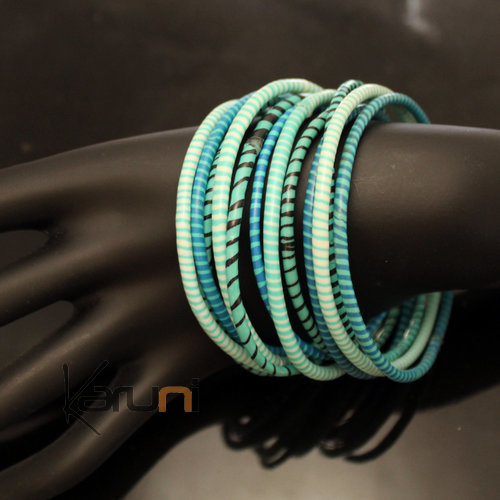 Bijoux Ethniques Africains Bracelets JOKKO en Plastique Recycl Homme Femme Enfant 02 Bleu Vert Turquoise Mix (x12) c