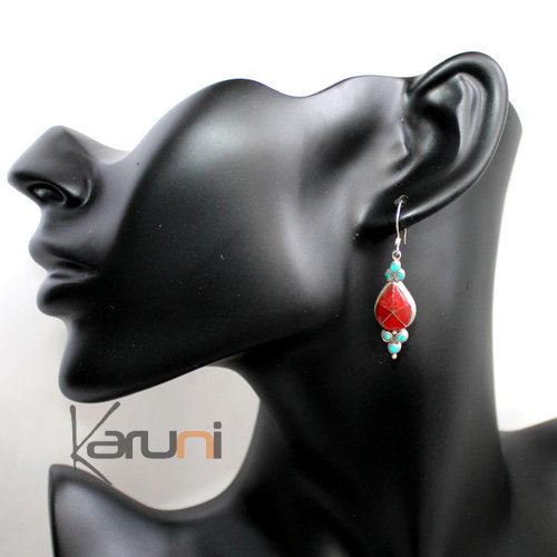 Bijoux Ethniques Indiens Boucles d'oreilles en Argent 925 77 Cloisonn Pendant Goutte Corail Rouge Turquoise Tibtain Npal b