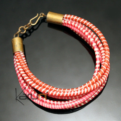 Bijoux Ethniques Africains Bracelets 6 Rangs JOKKO en Plastique Recycl Fermoir Bronze Rglable Rose/Rouge