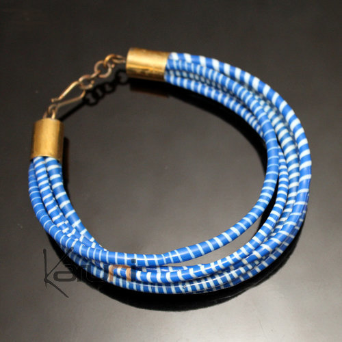 Bijoux Ethniques Africains Bracelets 6 Rangs JOKKO en Plastique Recycl Fermoir Bronze Rglable Bleu