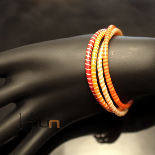 Bijoux Ethniques Africains Bracelets 4 Rangs JOKKO en Plastique Recycl Fermoir Bronze Rglable Rose Orange Clair b