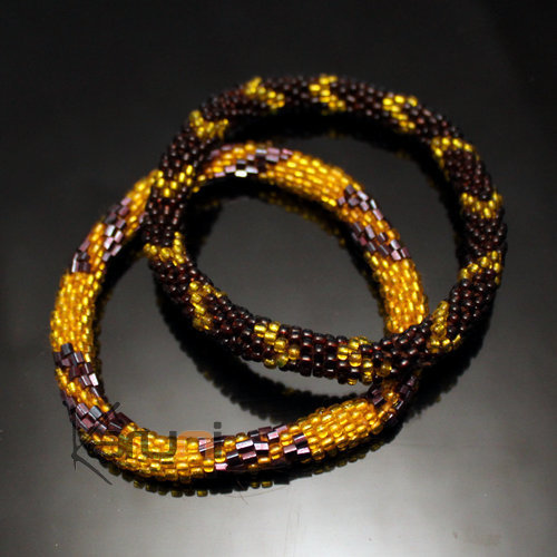 Bijoux Ethniques Artisanaux Set de 2 Bracelets Roll-On en Perles Crochet Npal Femme/Enfant 31 Brun/Dor