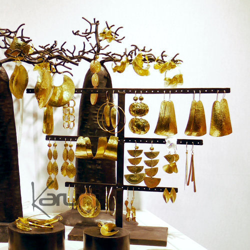 Bijoux Ethniques Africains Boucles d'Oreilles Peul Fulani Mali 136 Bronze Dor Grandes Feuilles Marteles b
