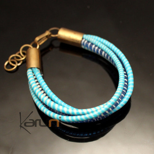 Bijoux Ethniques Africains Bracelets 6 Rangs JOKKO en Plastique Recycl Fermoir Bronze Rglable Bleu Mix