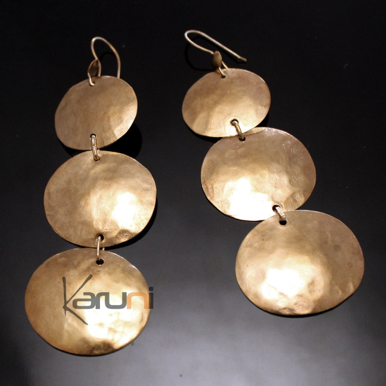 Boucles d'Oreilles Peul Fulani Mali 152M Bronze Doré 3 Pétales Ovales Martelés