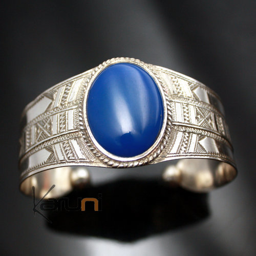 Bijoux Touareg Ethniques Bracelet en Argent et Agate ovale bleue Large grav - KARUNI b