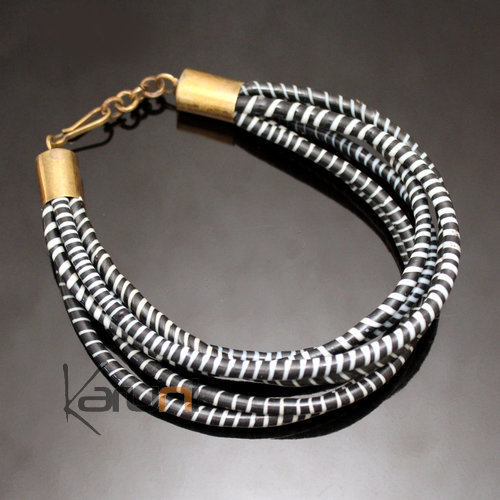 Bijoux Ethniques Africains Bracelets 6 Rangs JOKKO en Plastique Recycl Fermoir Bronze Rglable Blanc/Noir
