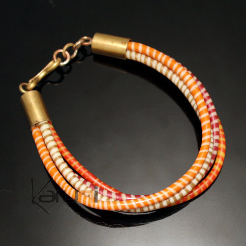 Bijoux Ethniques Africains Bracelets 4 Rangs JOKKO en Plastique Recycl Fermoir Bronze Rglable Rose Orange Clair